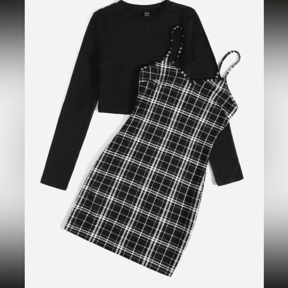 Solid Black Top & Plaid Print Cami Dress - Picture 3 of 3